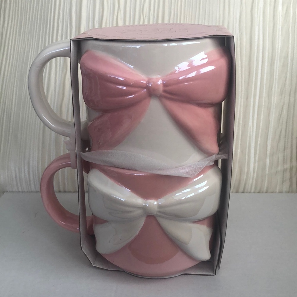 Pink/White Coquette Bow Hand Painted Mug Gift Set - Set of 2 Stackable Mugs NWT